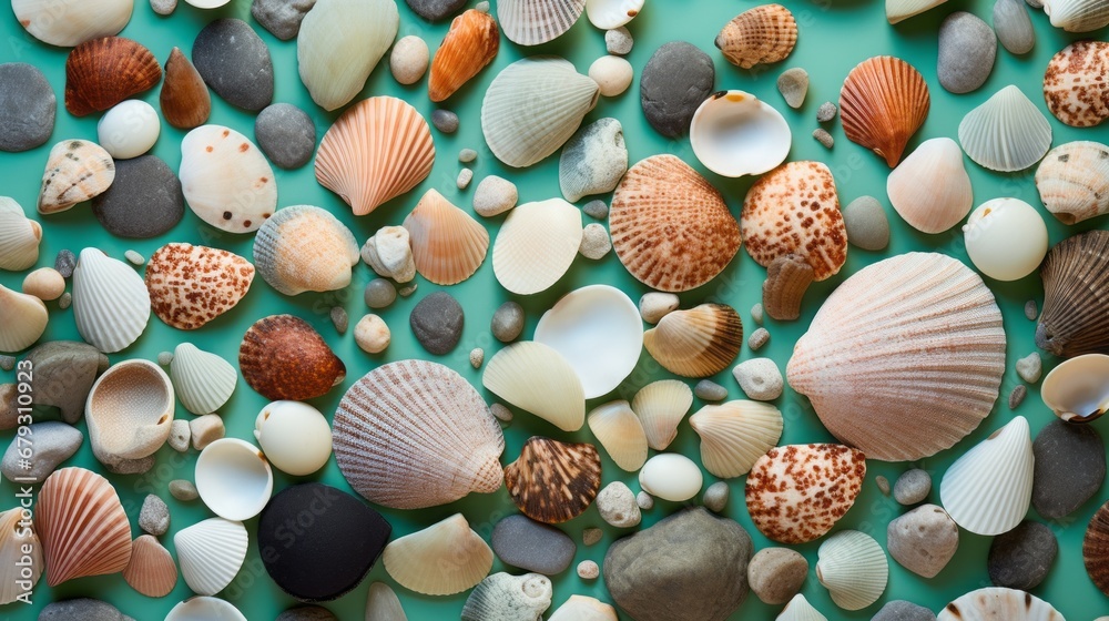 shells and stones on a mint background. shells and stones on a mint background.