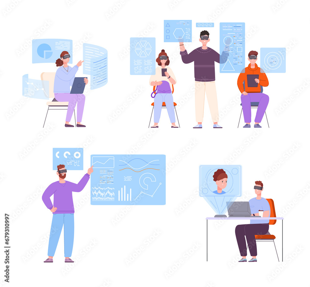 Vr workplaces. Workplace future virtual meeting digital work simulation, cyberspace business company futuristic job teamwork ar devices data research, splendid png illustration
