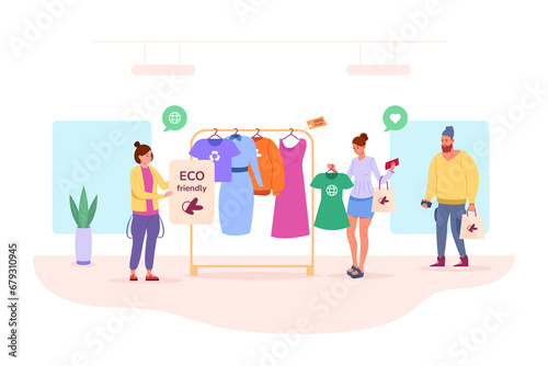 Clothing sustainable fashion. Eco friendly technologies retail fashionable product, ethical bright scene buy recycling textile technology, png illustration