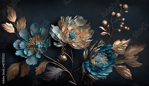 Generative AI, Close up of blooming flowerbeds of amazing blue flowers on dark moody floral textured background. Photorealistic effect.   © DELstudio