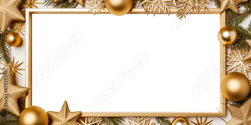 Holiday decoration, gold glitter frame. Festive background isolated on white. Golden ornaments, garland with stars. For Christmas and New Year banners, postcard, birthday