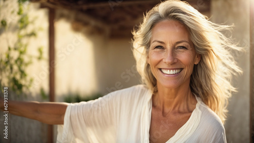 Happy smiling middle aged woman in calm environment, doing stretching, yoga or tai chi exercises, physical and mental health concept, wellness outdoors, space for text
