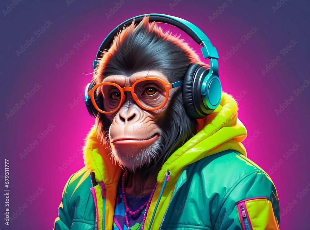 Illustration of Fantasy character with monkey head in Stylish glasses and headphones wearing Neon Jacket listening to music against color background. Ai Generative Art - obrazy, fototapety, plakaty 