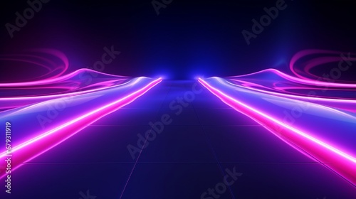3d render. Abstract neon background. Fluorescent ines glowing in the dark room with floor reflection. Virtual dynamic ribbon. Fantastic panoramic wallpaper. Energy concept photo