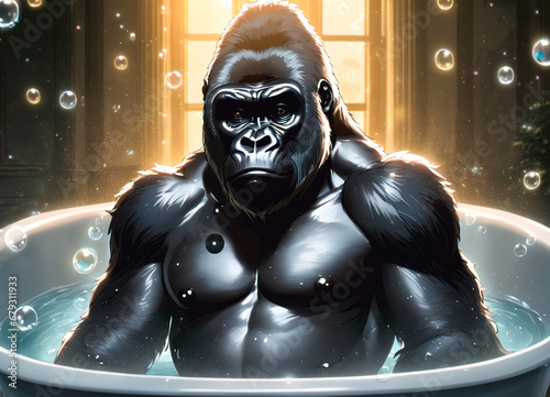 Gorilla in a bath with soap bubbles