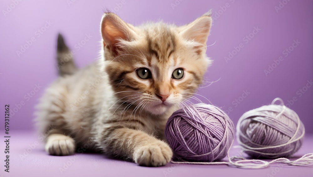 A playful kitten chasing a ball of yarn, with a soft lavender solid background. Generative AI