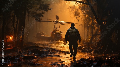 Historical Military Silhouette. Soldier in War, Battle Scene, and Atmospheric Retro Warfare
