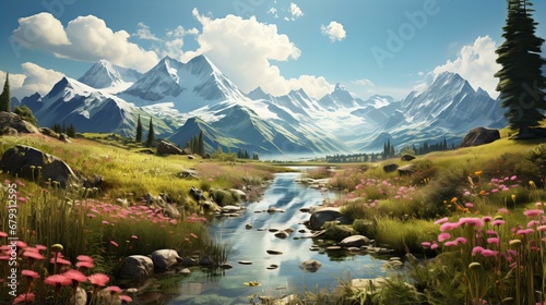 Swiss Alpine Landscape. Majestic Mountains  Blue Sky  and Scenic Beauty