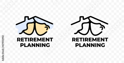Retirement planning, elderly couple and roof, graphic design. Pension, nursing home and home for the elderly, vector design and illustration