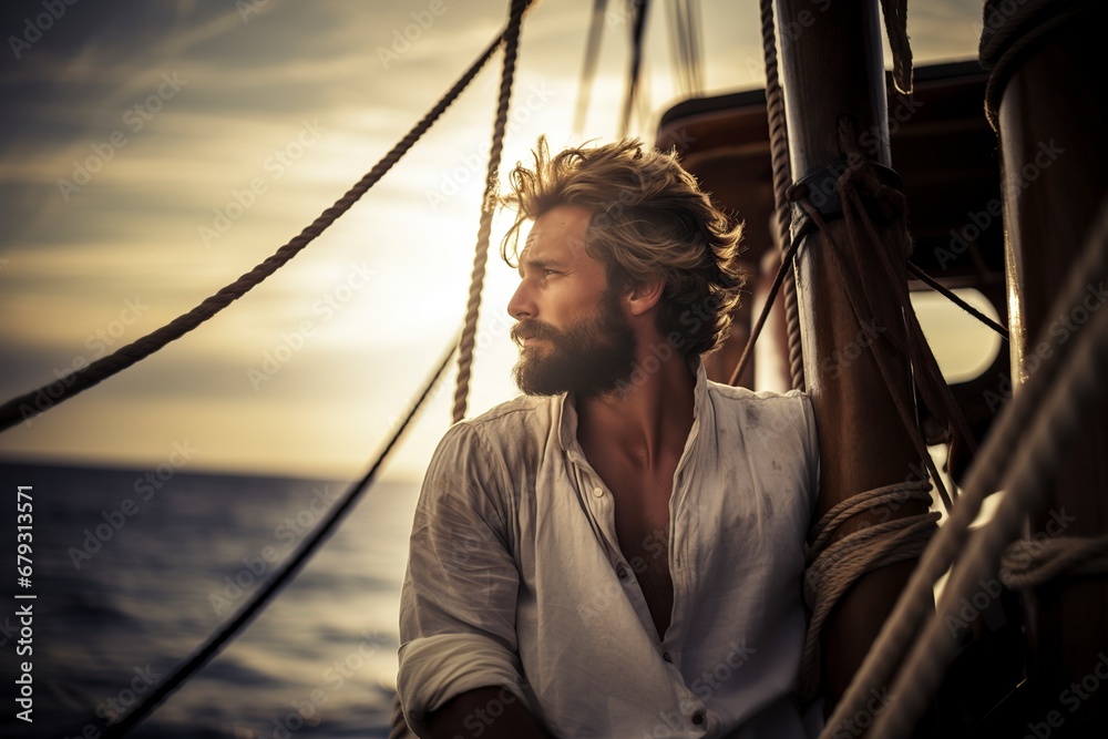 tanned sailor looking to the horizon at sea - obrazy, fototapety, plakaty 