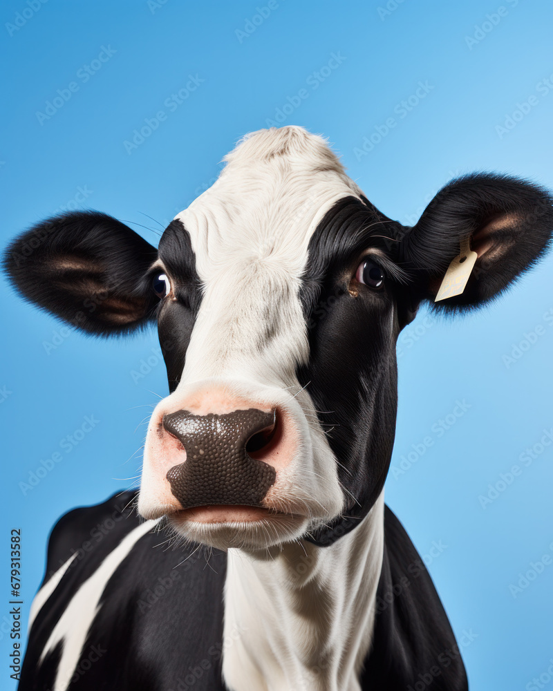 Funny cute cow isolated on blue. Talking black and white cow close up. Funny curious cow. Farm animals. Pet cow on sky background looking at the camera Funny cute cow isolated on blue. Talking black and white cow close up. Funny curious cow. Farm animals. Pet cow on sky background looking at the camera