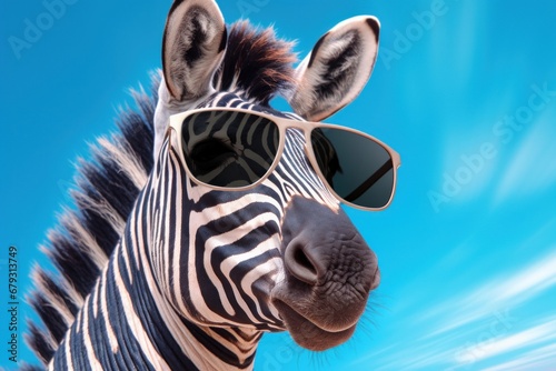 Close up of zebra in sunglasses on blue sky background with copy space photo