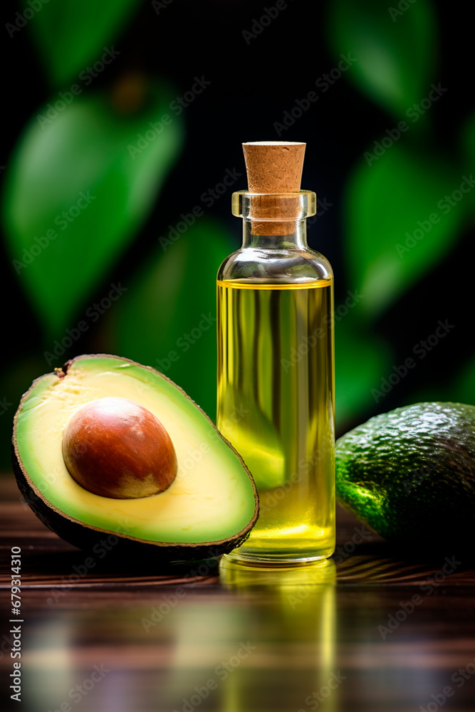 Avocado cosmetic oil on a wooden background. Generative AI, Avocado cosmetic oil on a wooden background. Generative AI,