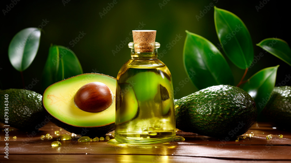 Avocado cosmetic oil on a wooden background. Generative AI, Avocado cosmetic oil on a wooden background. Generative AI,