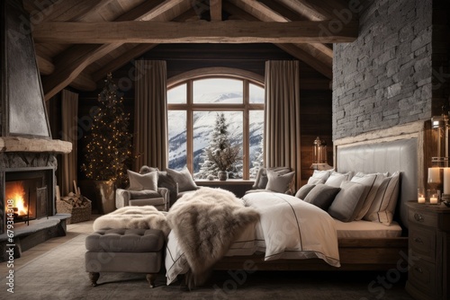 Interior of cozy montain chalet bedroom with Cristmas decoration, large bed and big window