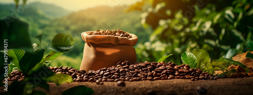 A bag of coffee on a coffee plantation. Generative AI, photo