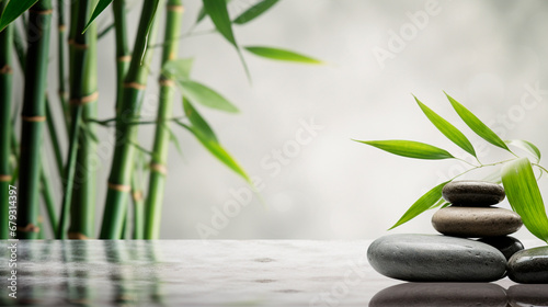 Stream stones and bamboo shoots feng shui spa. Generative AI,