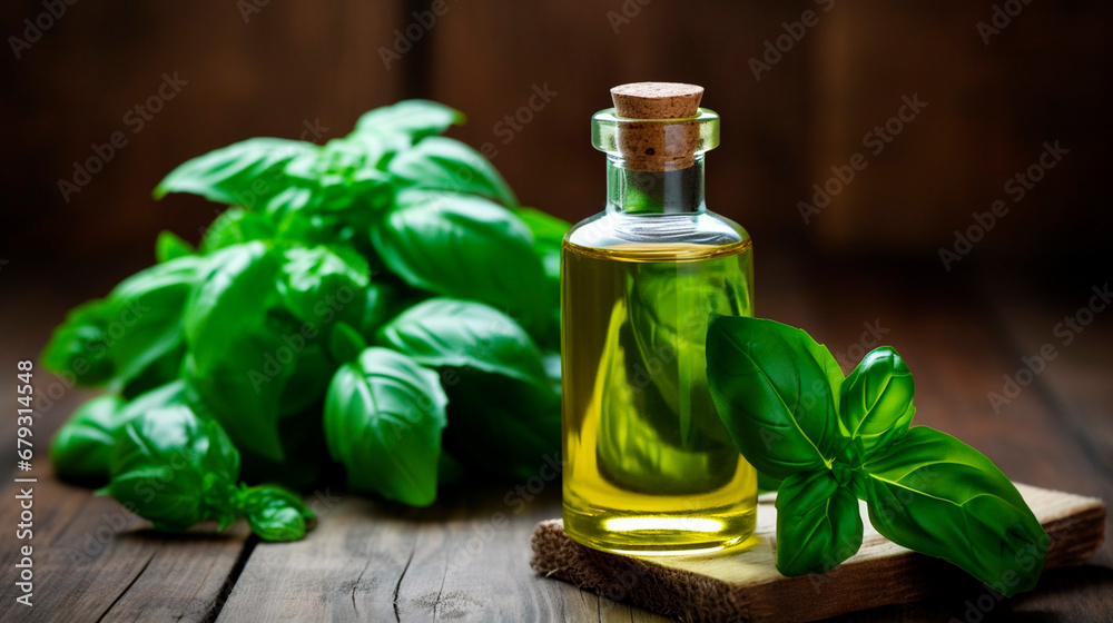 Basil essential oil on wooden background. Generative AI, Basil essential oil on wooden background. Generative AI,