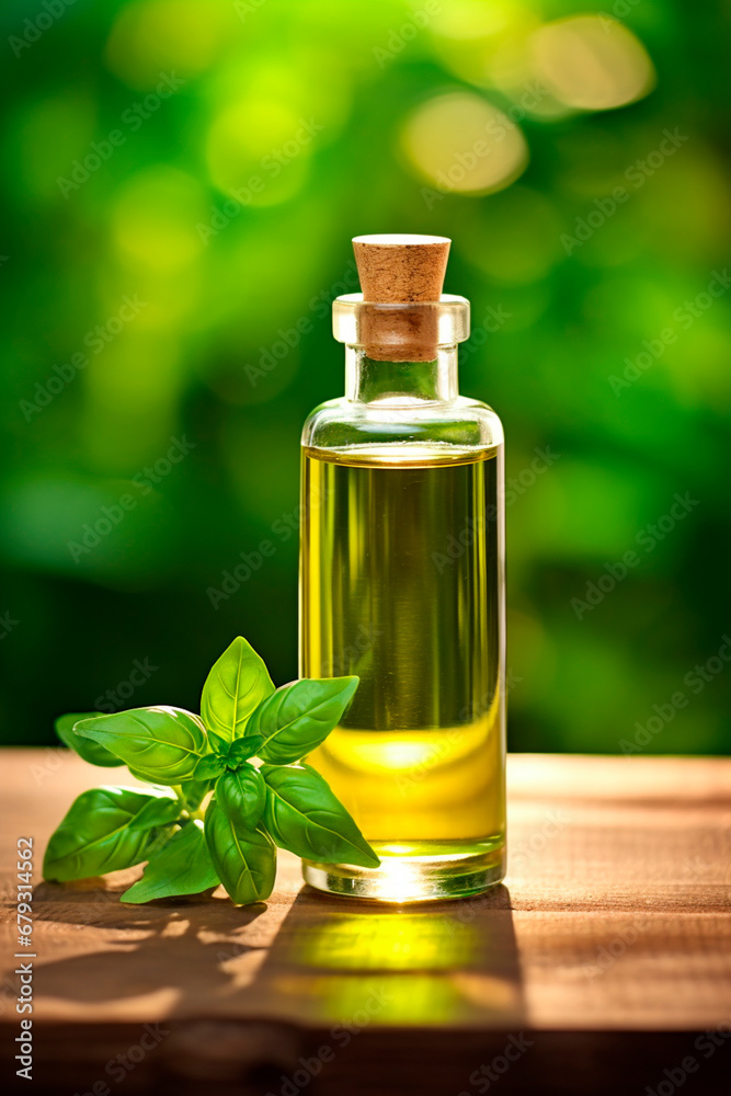 Basil essential oil on wooden background. Generative AI, Basil essential oil on wooden background. Generative AI,