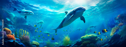Dolphin in the sea underwater world. Generative AI, © yanadjan