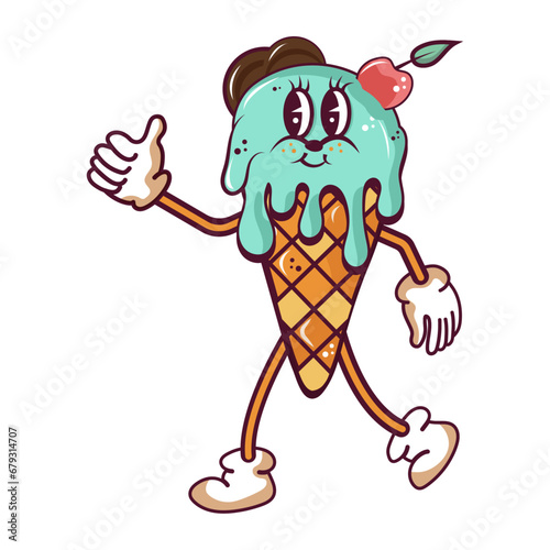 Ice cream character in groovy style. (ID: 679314707)