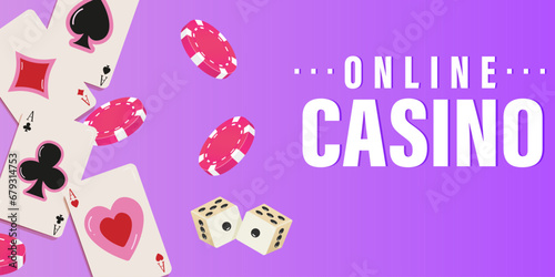Casino banner with place for text.Tokens or chips, dice and cards. Gambling concept. Vector illustration EPS10.