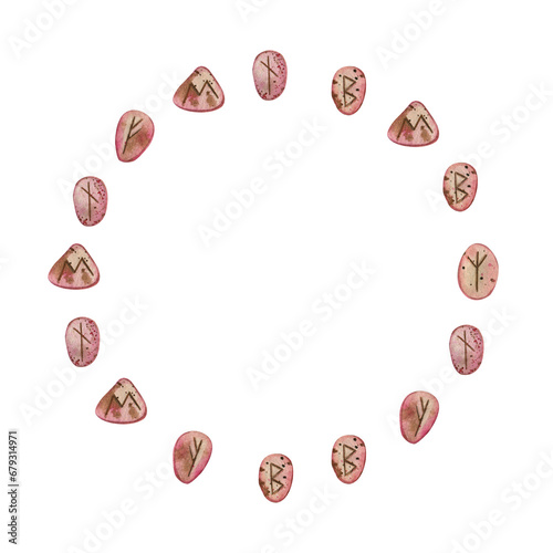 Watercolor illustration. Runes on pink stones arranged in a circle, painted in watercolor on a white background. Suitable for printing on fabric, paper, scrapbooking, yoga and design.