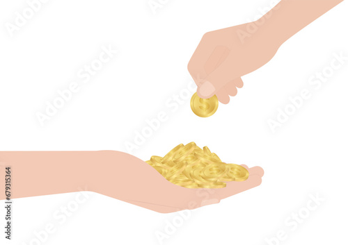 Hand Holding and Receiving Coins with Other's Hand Giving Coins on White Background. Vector Illustration. Growing Money, Saving, Donation or Investment Concept. 
