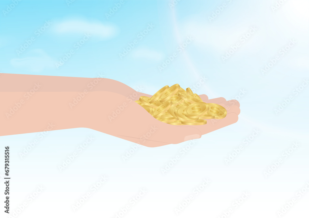 Obraz premium Hand Holding Coins. Vector Illustration on Blue Sky Background. Growing Money, Saving and Investment Concept. 