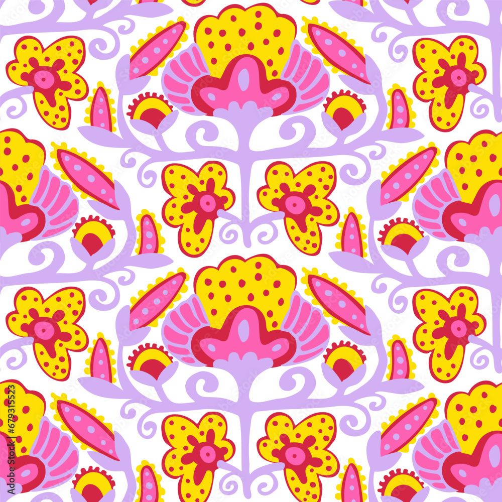 Fototapeta premium Seamless floral ornament. Flowers in doodle style. Vector illustration.