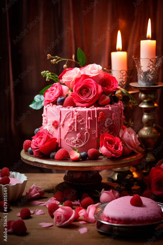 Pink cake with flowers and hearts for Valentine's day. Generative AI, Pink cake with flowers and hearts for Valentine's day. Generative AI,