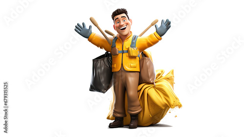 Happy cheerful dustman who keeps the streets clean and takes away the trash. transparent background, Generative AI photo