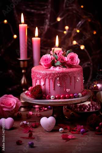 Pink cake with flowers and hearts for Valentine s day. Generative AI 