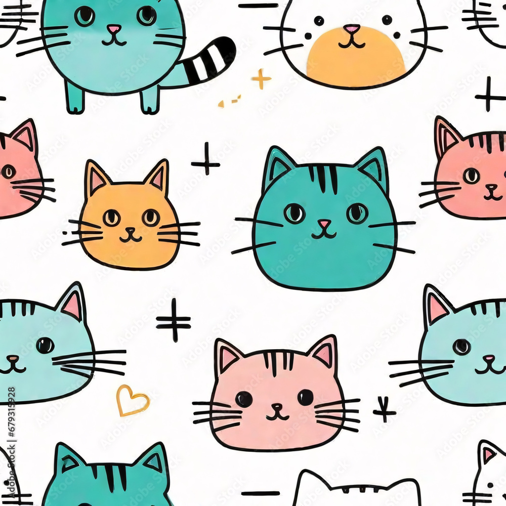 Seamless pattern with cats. Background for fabric, textile, wallpaper, posters, gift wrapping paper, napkins, tablecloths, pajamas. Print for kids, baby, children blue color Seamless pattern with cats. Background for fabric, textile, wallpaper, posters, gift wrapping paper, napkins, tablecloths, pajamas. Print for kids, baby, children blue color
