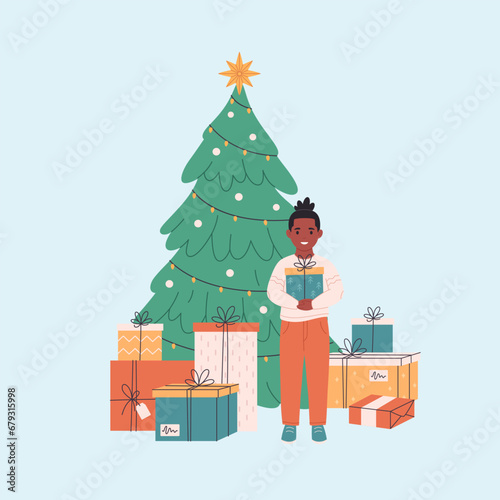 Little boy standing with gift boxes near Christmas tree and celebrating Christmas or New Year. Vector illustration in flat style