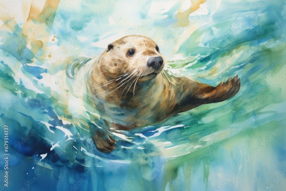 Fototapeta premium A playful otter floating on its back, with a watercolor background featuring shades of blue and green to create the illusion of water