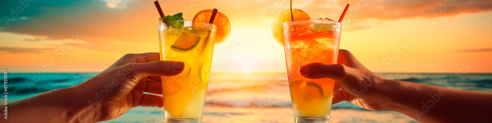 Fototapeta premium Glasses with cocktails against the backdrop of the sea in hands. Generative AI,