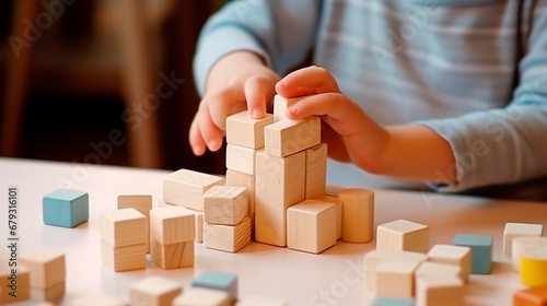 A child collects wooden construction blocks. Generative AI,