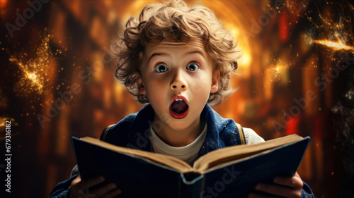 Surprised boy reading a book in a dark room with lights