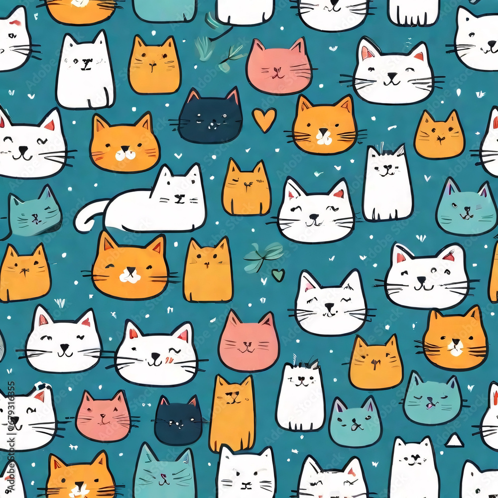 Seamless pattern with cats. Background for fabric, textile, wallpaper, posters, gift wrapping paper, napkins, tablecloths, pajamas. Print for kids, baby, children blue color Seamless pattern with cats. Background for fabric, textile, wallpaper, posters, gift wrapping paper, napkins, tablecloths, pajamas. Print for kids, baby, children blue color