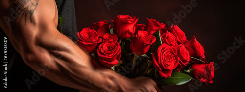 Muscular male arms hold a gift of flowers in their hands. Generative AI,