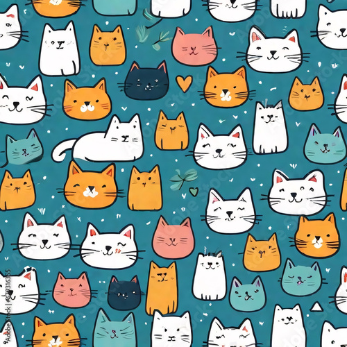 Seamless pattern with cats. Background for fabric, textile, wallpaper, posters, gift wrapping paper, napkins, tablecloths, pajamas. Print for kids, baby, children blue color