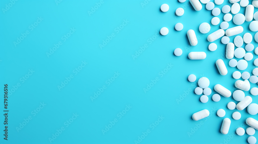 A light blue background is filled with different pills, capsules and medicines. Copy space. Health Care and Medicine advertising concept. A light blue background is filled with different pills, capsules and medicines. Copy space. Health Care and Medicine advertising concept.