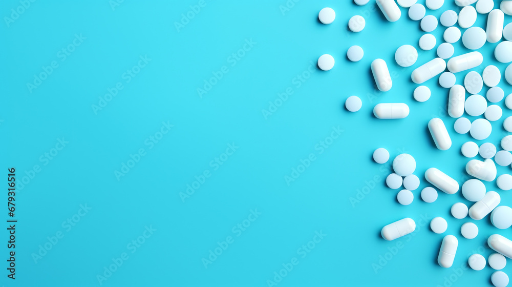 A light blue background is filled with different pills, capsules and medicines. Copy space. Health Care and Medicine advertising concept.