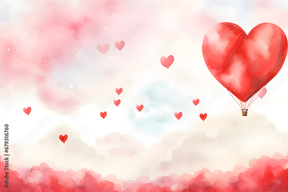 Heart shape  hot air balloon in watercolor style. Valentine's Day background.	
