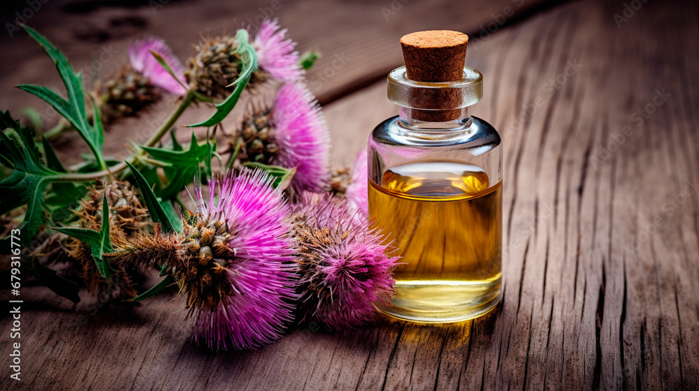 Milk thistle essential oil on wooden background. Generative AI, Milk thistle essential oil on wooden background. Generative AI,