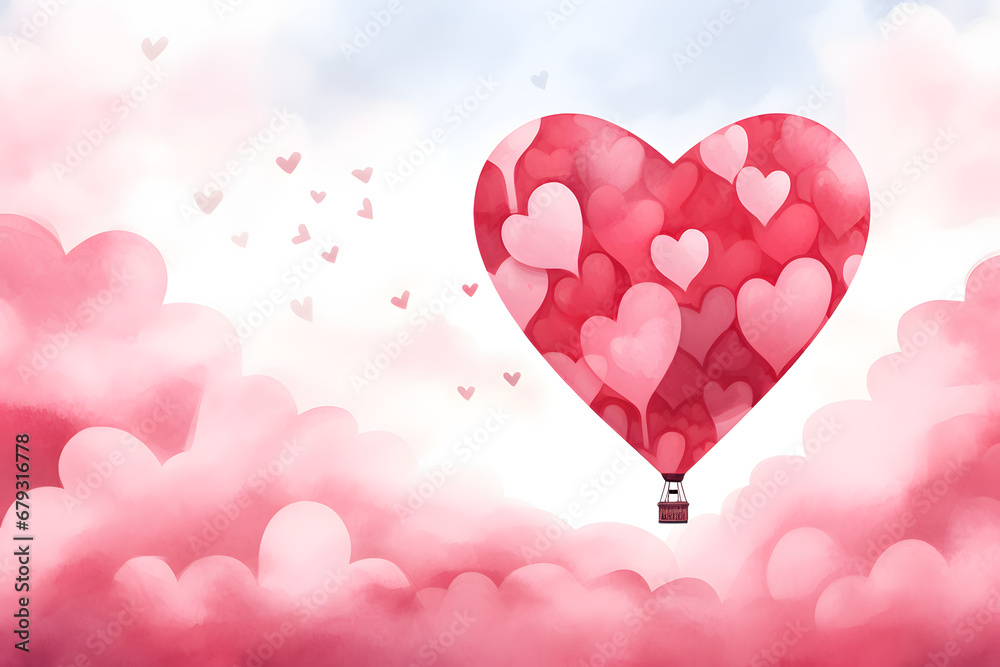 Heart shape  hot air balloon in watercolor style. Valentine's Day background.	