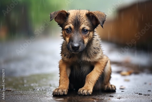 Stray homeless dog. Sad abandoned hungry puppy sitting alone in the street under rain. Dirty wet lost dog outdoors. Pets adoption  shelter  rescue  help for pets