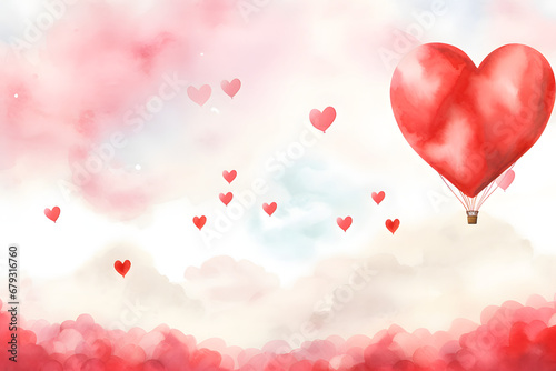 Heart shape hot air balloon in watercolor style. Valentine's Day background. 