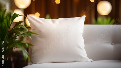 White polyester pillow close up with no print, on a glam and modern style neutral-color sofa, with an elegant modern blurred background that includes a lamp and a plant, hyperrealist style